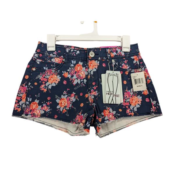 Almost Famous Floral Jean Shorts Juniors 5 Navy Pink High Rise Denim Casual Boho - Picture 1 of 10